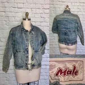 Trucker Jacket 80s acid wash Denim Marbled Blue Jean Jacket Size 42